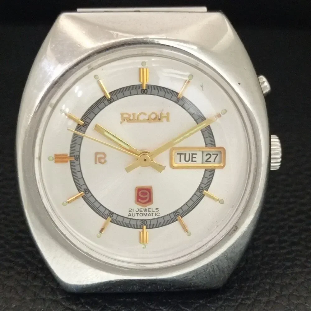 Vintage 1970 Ricoh Automatic Mens Silver Watch W/daydate & Gold accents